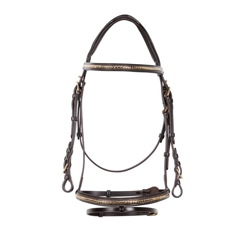 EQUESTRO - Bridon clincher anatomique à muserolle combinée cuir italien PONEY NOIR Clincher ARGENT