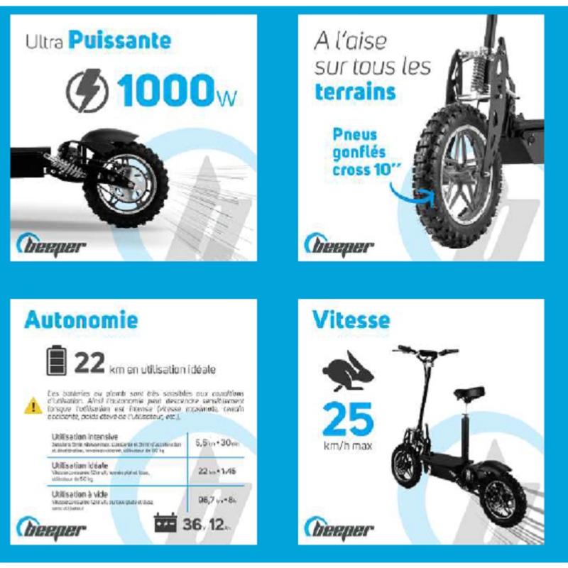 BEEPER - Trottinette Electrique Cavalier Tout terrain CROSS Avec Siège TROTTINETTE CROSS 1000W PLOMB